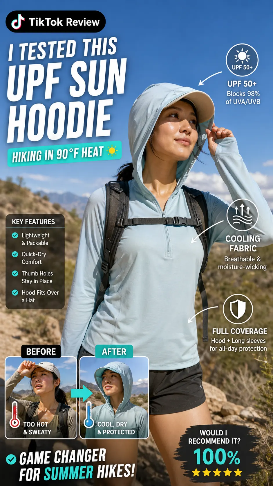 Example output for the Columbia sun hoodie TikTok review cover prompt