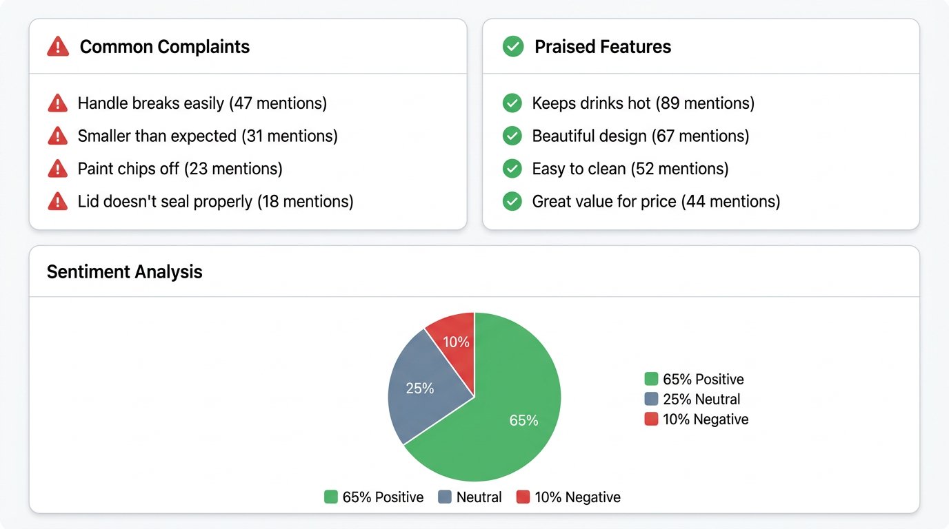 Amazon review analysis dashboard showing customer complaints and praised features for competitor product research