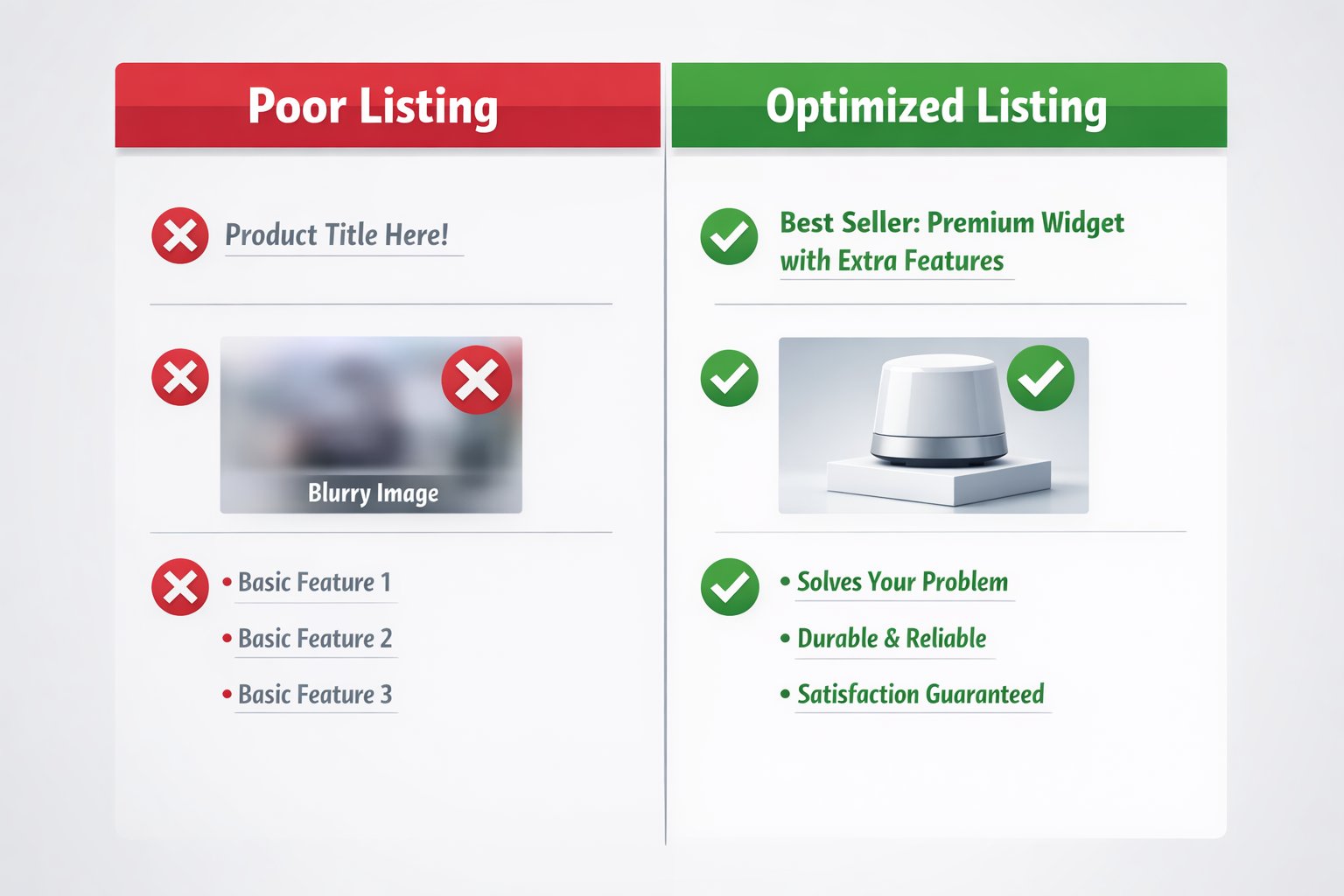 Comparison of bad listing vs optimized listing showing keyword-rich titles, professional images, and benefit-focused bullet points