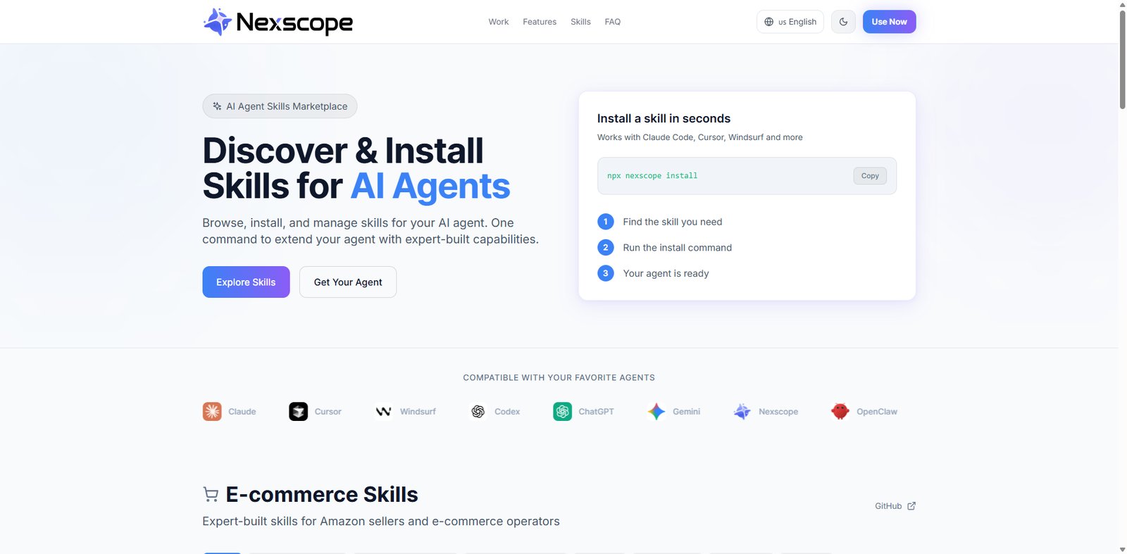 Nexscope SkillHub showing 200+ AI Agent skills for e-commerce sellers, compatible with Claude, Cursor, Windsurf, Codex, ChatGPT, Gemini and more