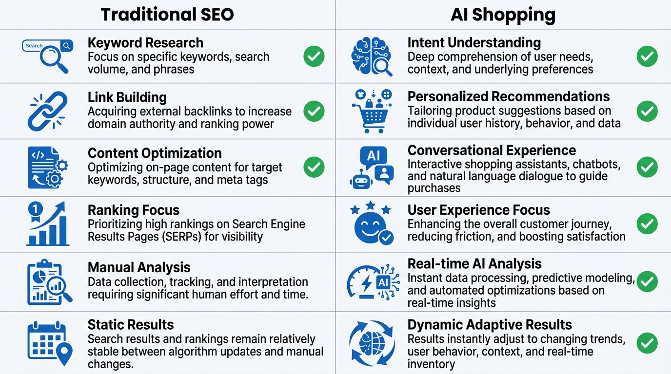Comparison between Traditional SEO and AI Shopping models showing key differences