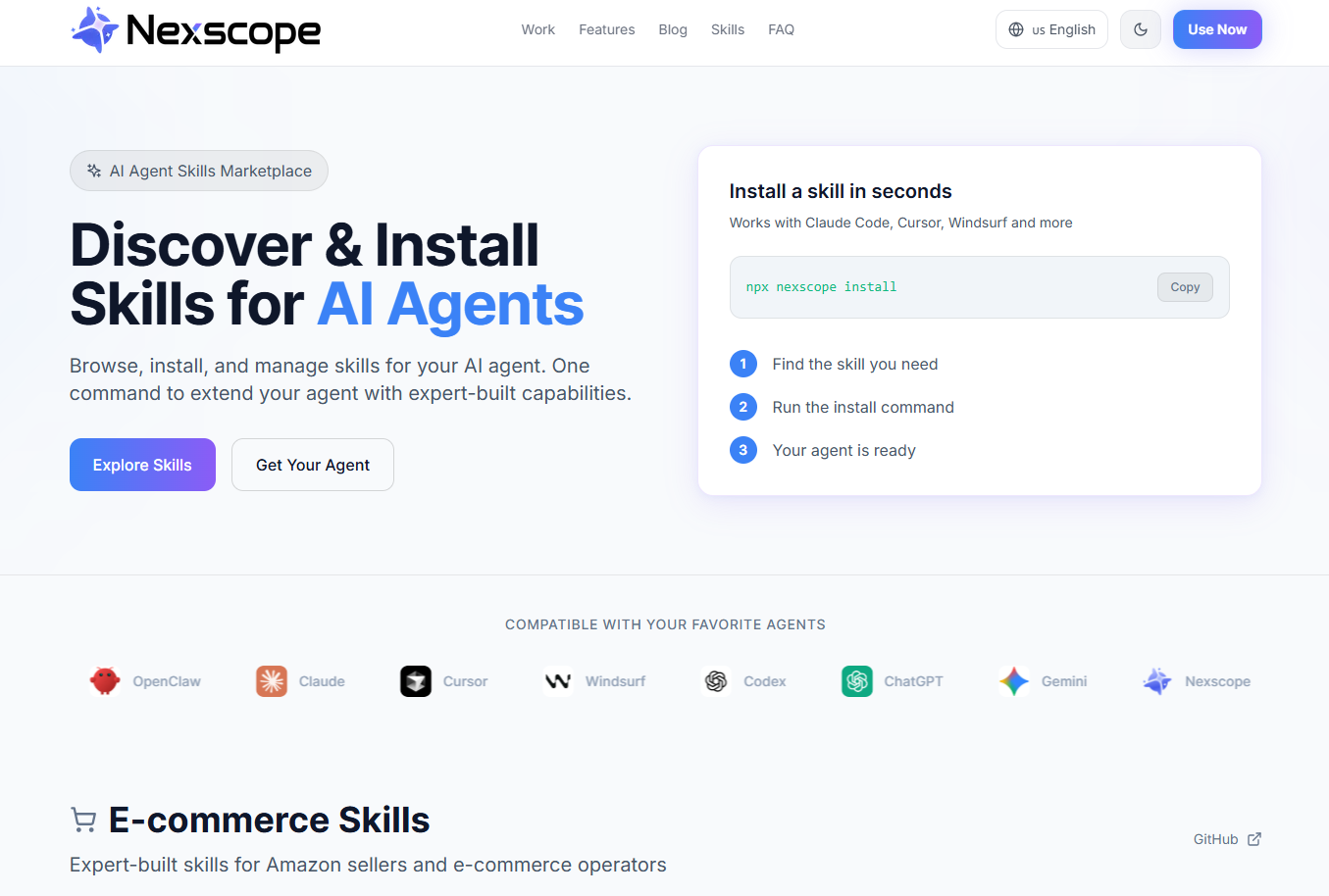 Nexscope SkillHub AI Agent Skills Marketplace with one-command installation for Claude Code, Cursor, Windsurf and more