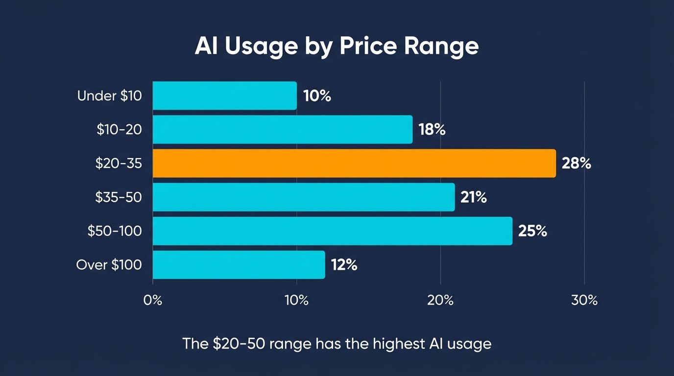 AI usage by price range: $20-50 has 28% AI content