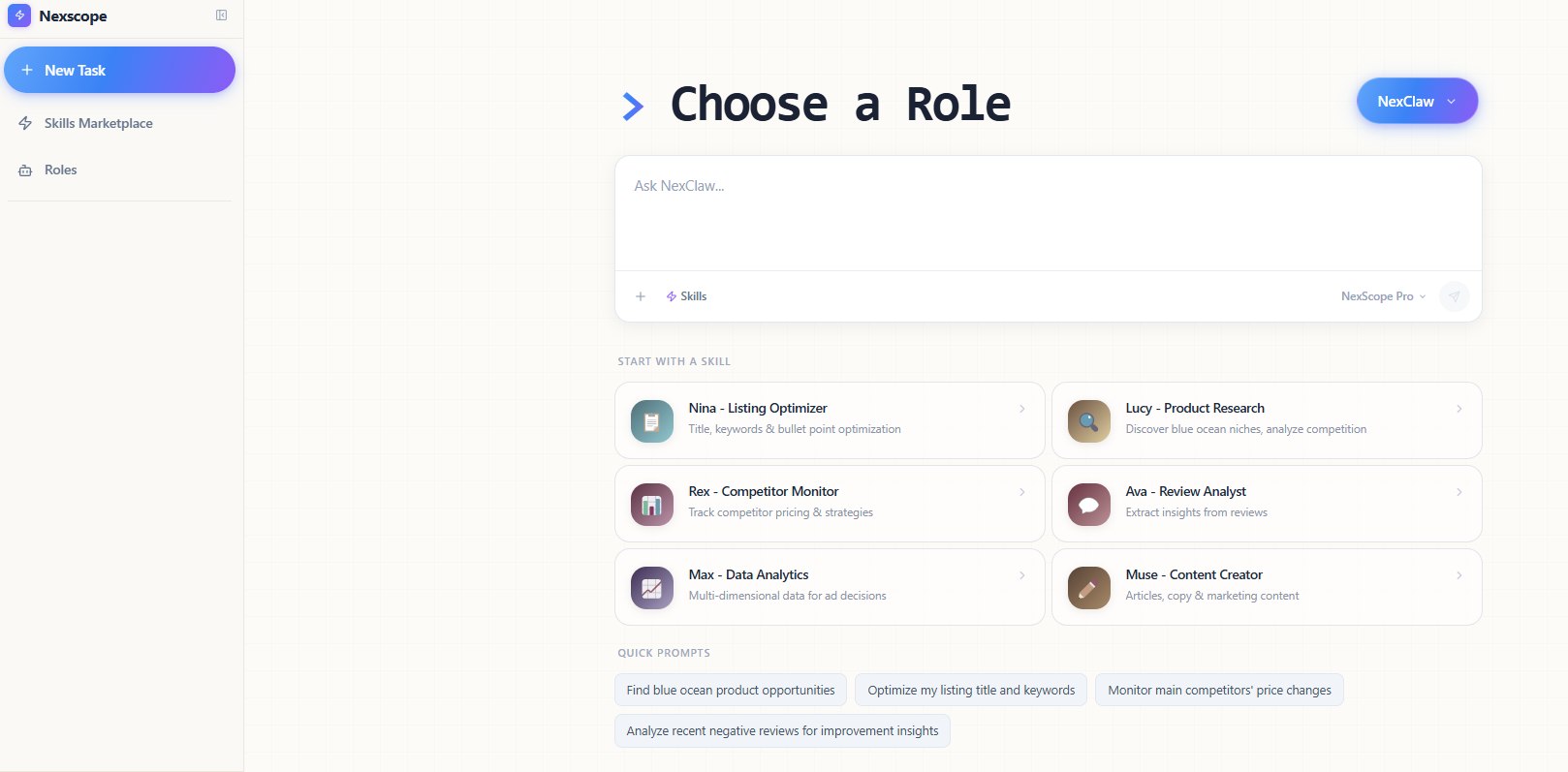 Nexscope AI Agent - ecommerce research and analysis through conversation
