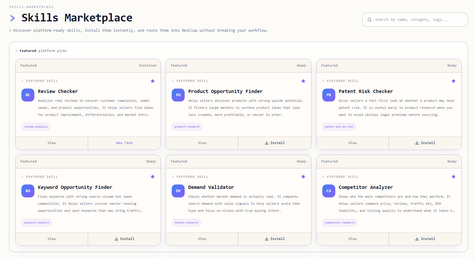 Nexscope Skills Marketplace with product research, review analysis, patent risk, keyword research, and competitor analysis skills