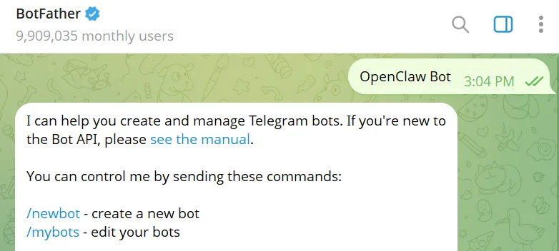 BotFather welcome message in Telegram