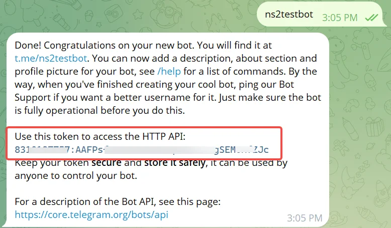 BotFather sends your bot token