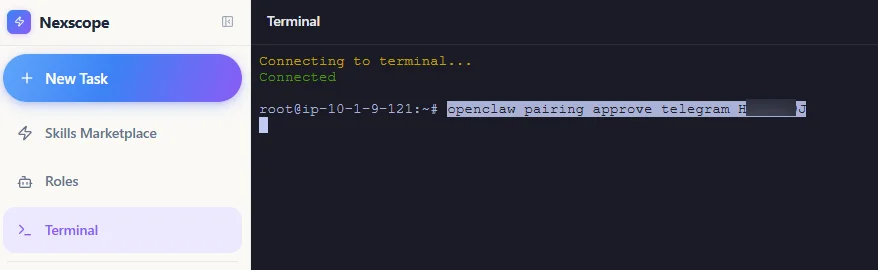 Nexscope Terminal showing the pairing approval command