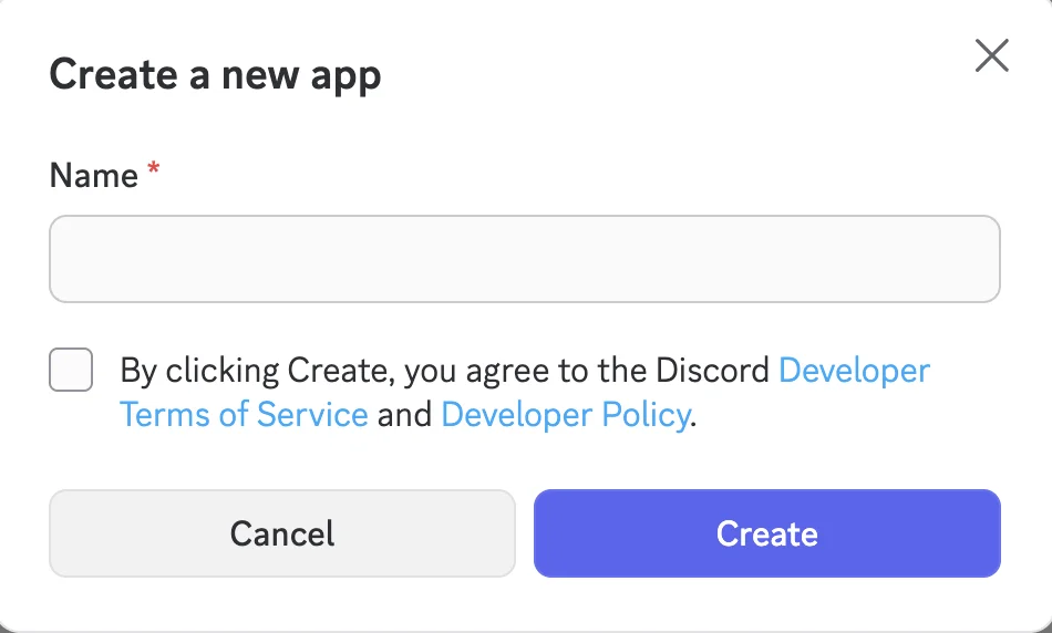 Discord Create New App dialog