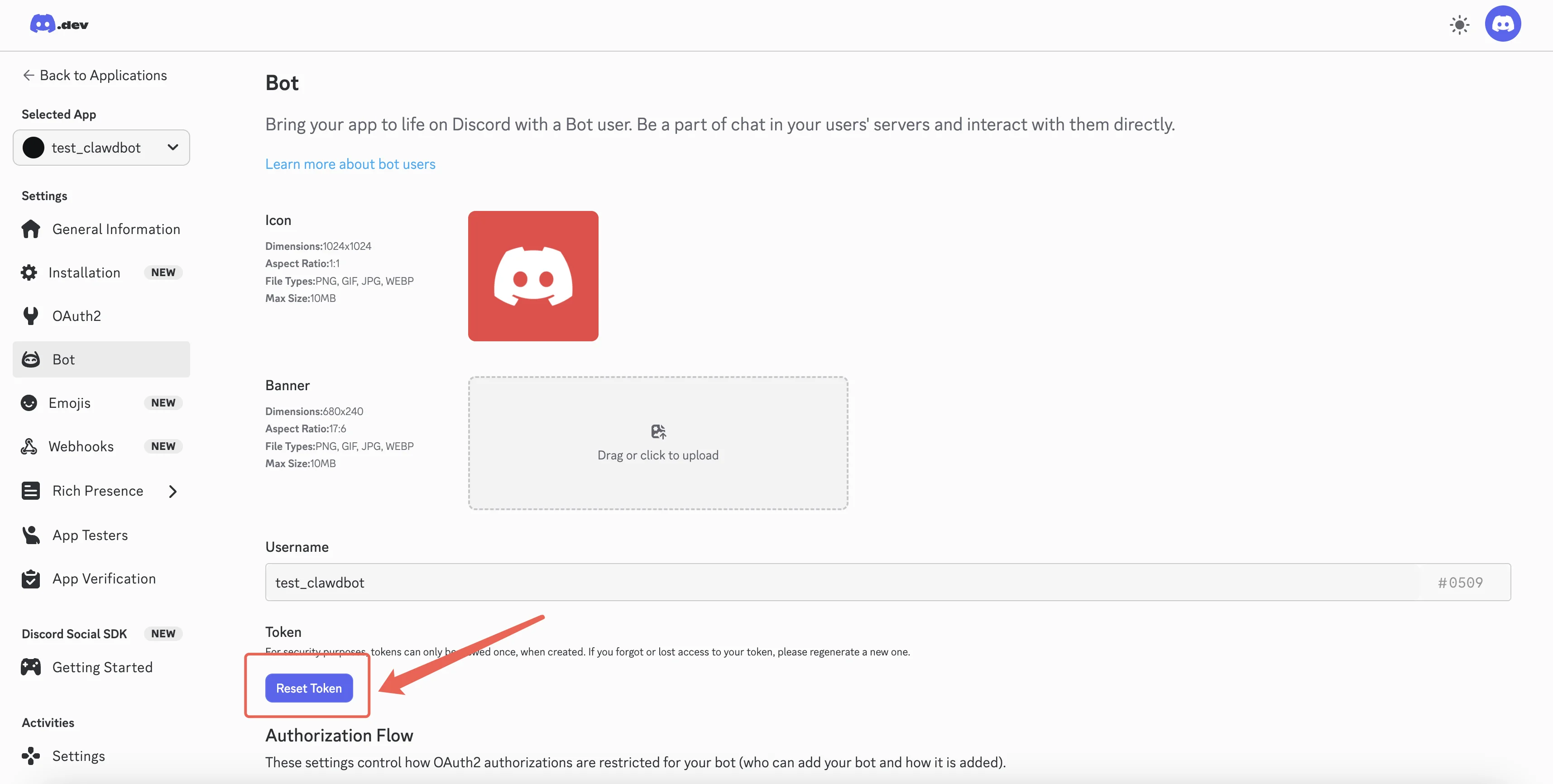 Discord Bot page - Reset Token button