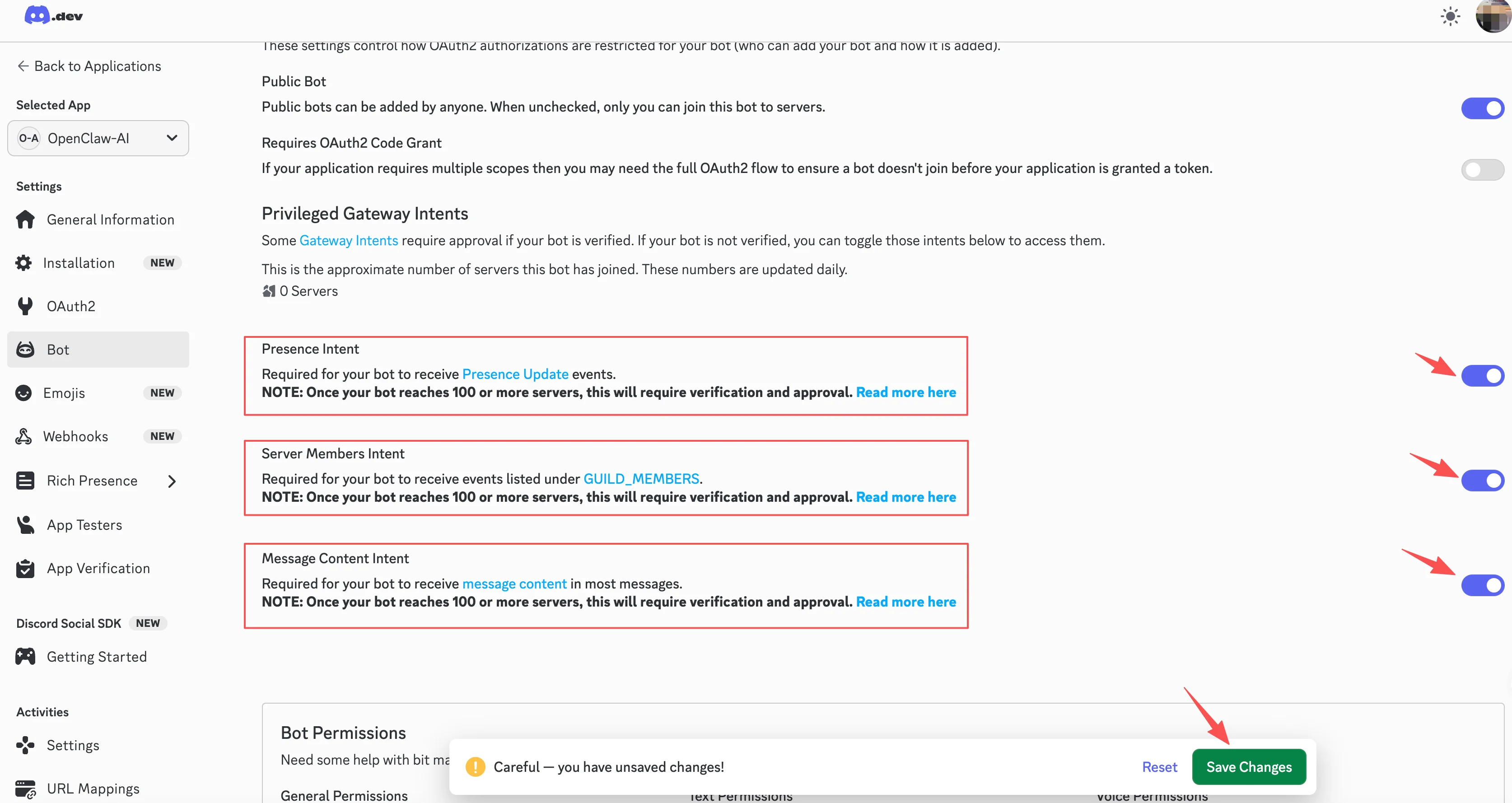 Discord Gateway Intents settings