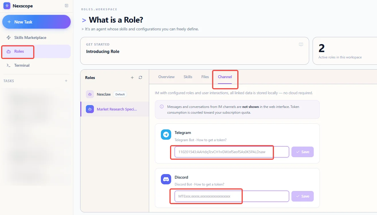 Nexscope Roles Channel settings showing Telegram and Discord token inputs