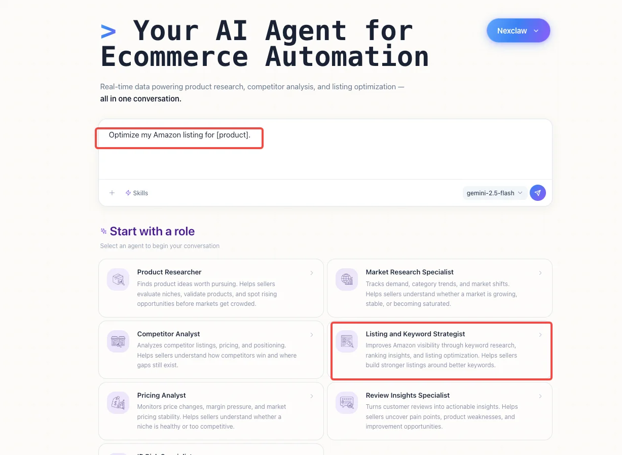 Nexscope Listing and Keyword Strategist role selection - AI agent for Amazon SEO and keyword research