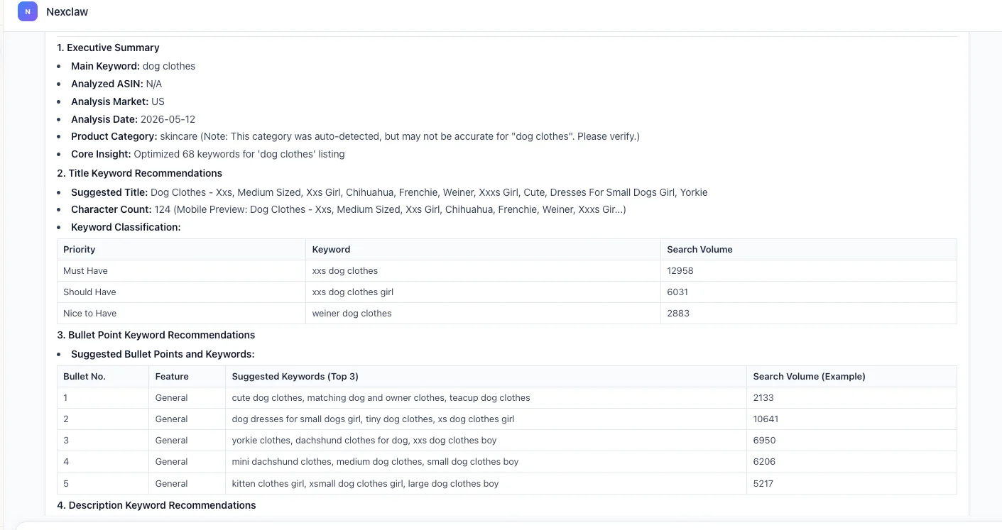 Nexscope keyword research report - title recommendations, keyword classification, and bullet point suggestions with search volume data