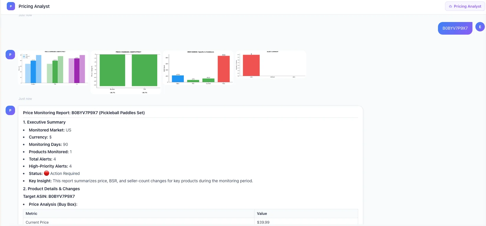 Nexscope pricing report with price summary charts, price change visualization, BSR range analysis, and alert summary