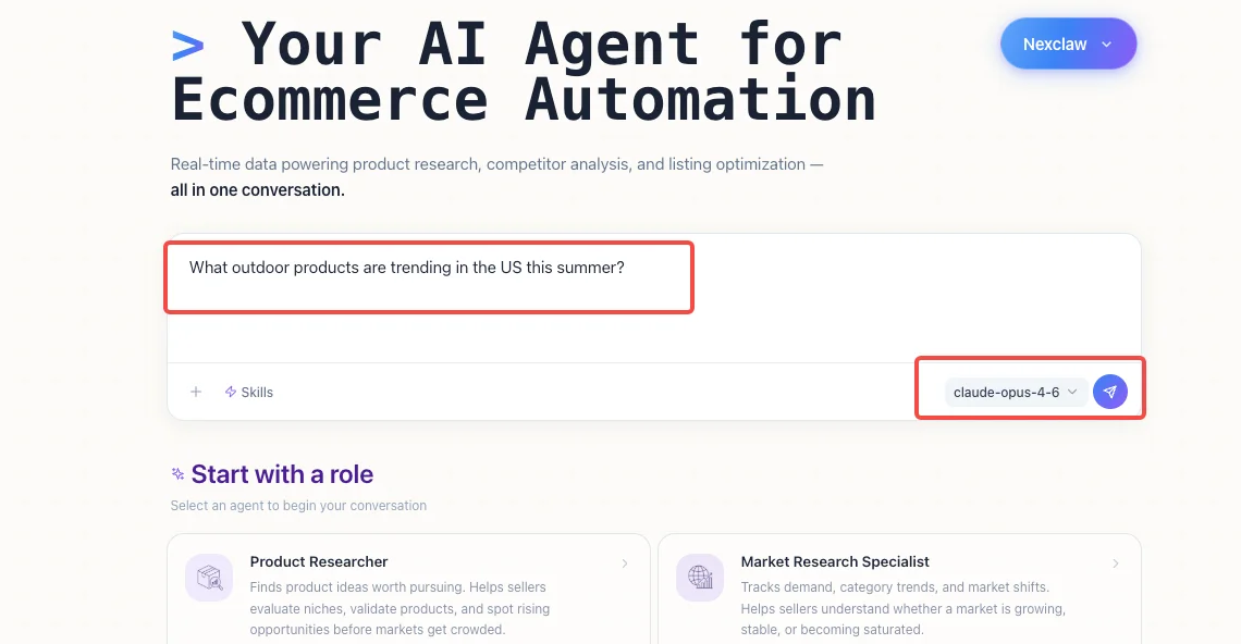 Nexscope interface - enter your product research question