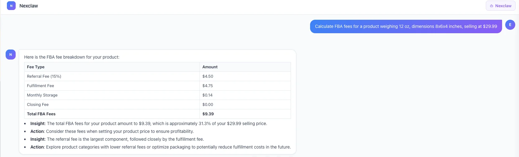 Nexscope FBA fee calculator breakdown