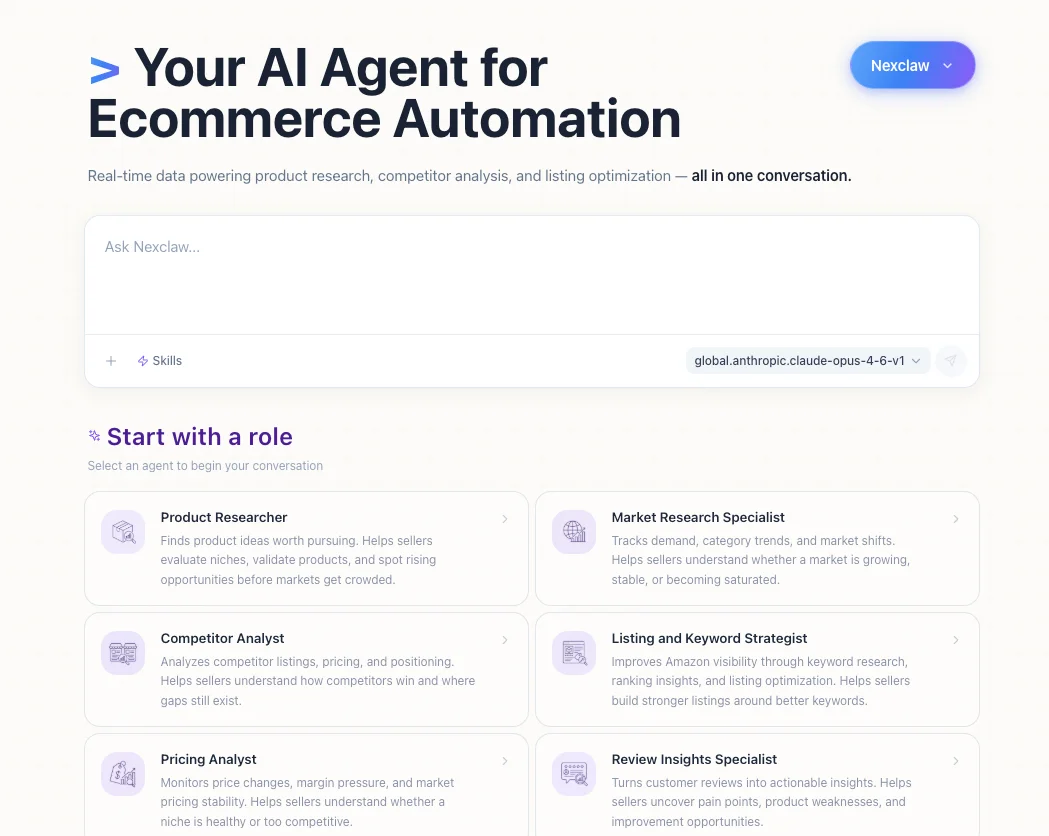 Nexscope AI agent for e-commerce with specialized roles for product research, competitor analysis, and market insights