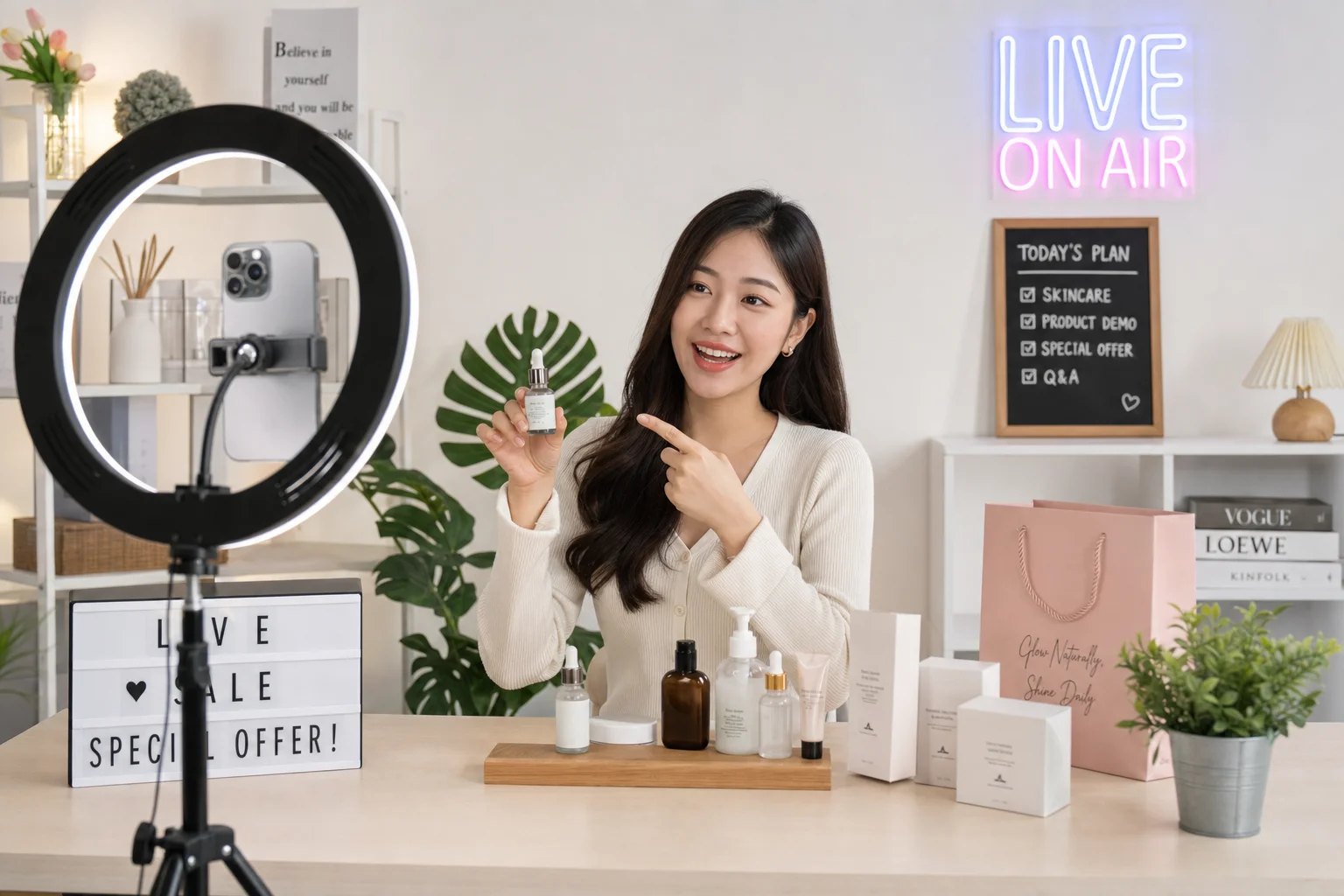 TikTok live stream creator with ring light and smartphone tripod setup selling products