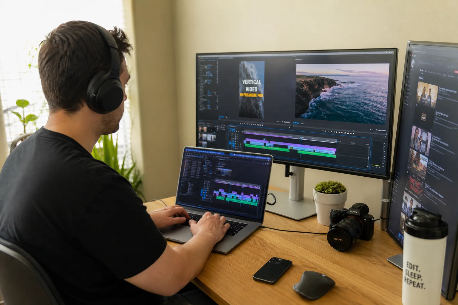 Content creator editing video for TikTok with professional software and dual monitor setup