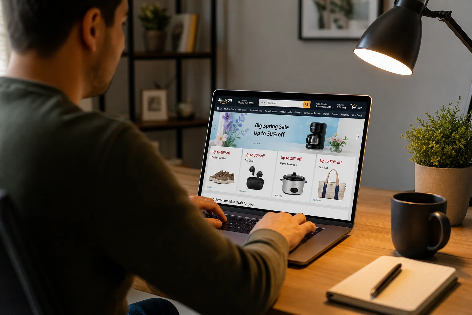 Person browsing Amazon Outlet deals on laptop in home office