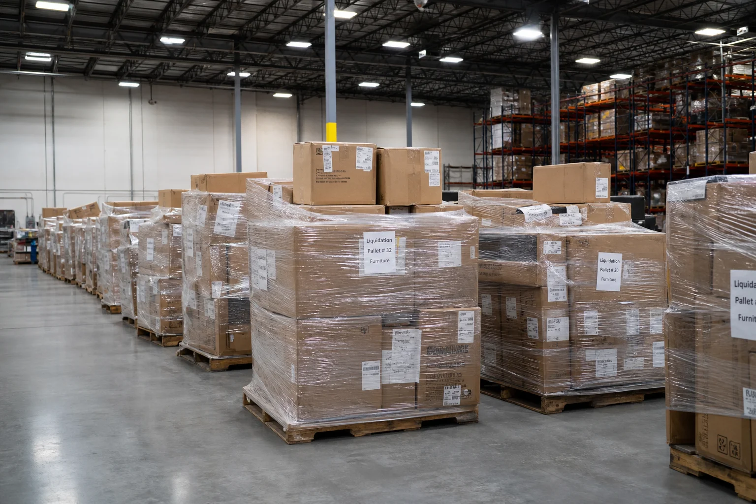 Warehouse with stacked Amazon liquidation pallets wrapped in plastic and ready for shipping