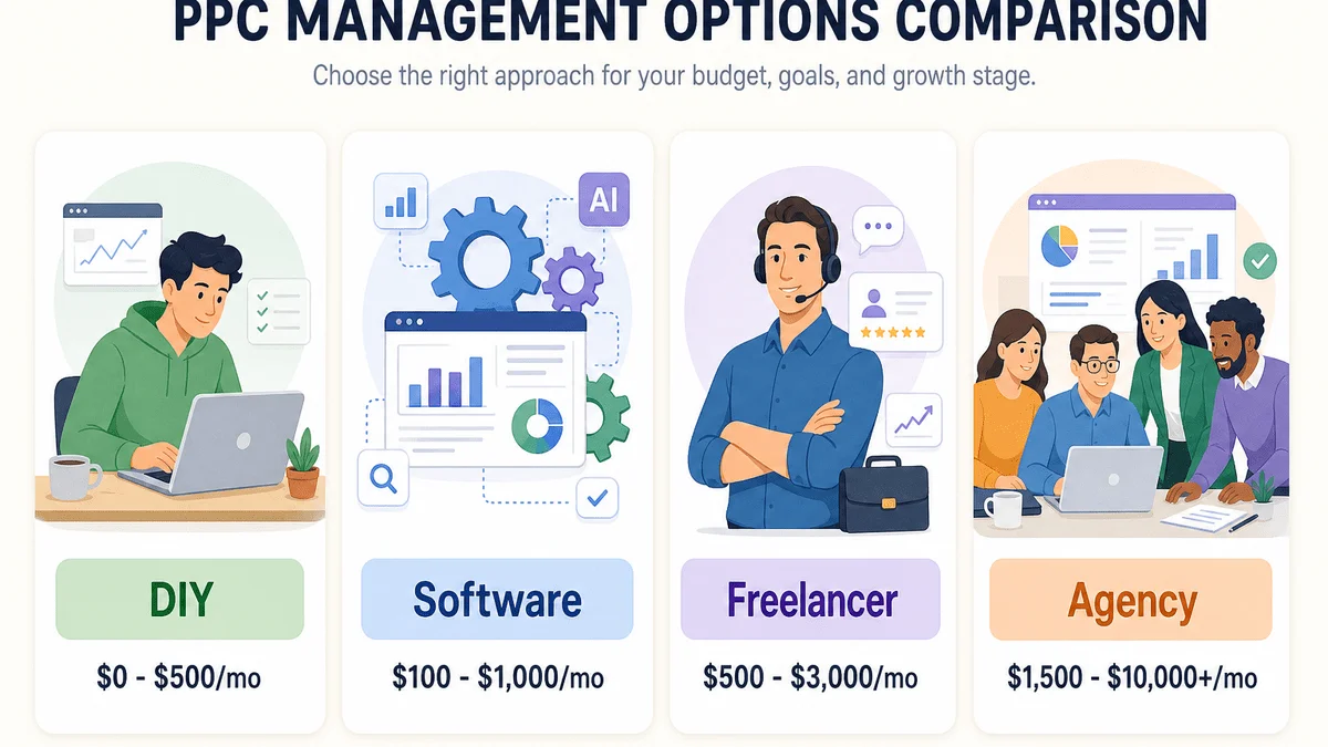 Comparing PPC management options: DIY, Software, Freelancer, and Agency