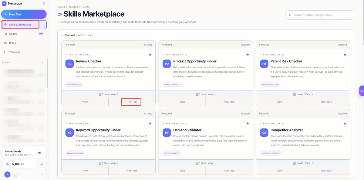 Nexscope Skills Marketplace with featured skills