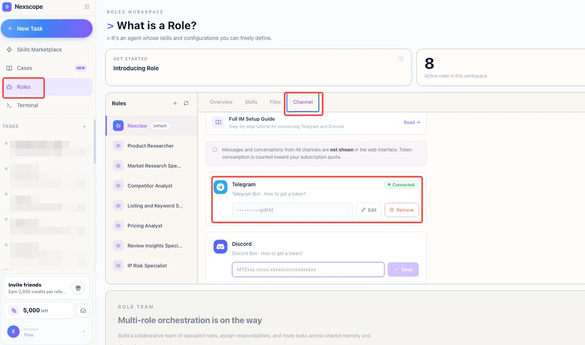 Nexscope Telegram integration setup - connect your role to Telegram