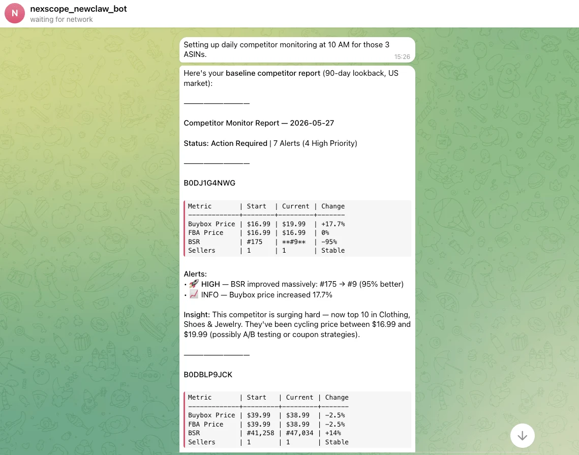 Nexscope Telegram bot showing competitor monitoring report with alerts