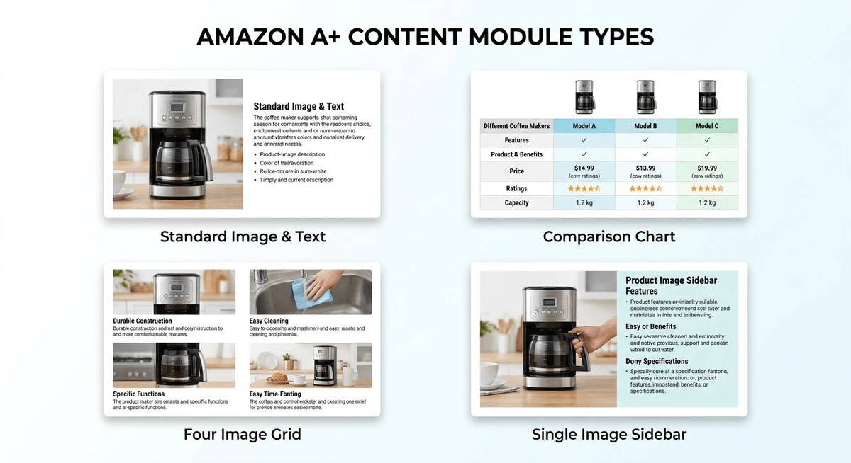 Amazon A+ Content module types - Standard Image & Text, Comparison Chart, Four Image Grid, Single Image Sidebar