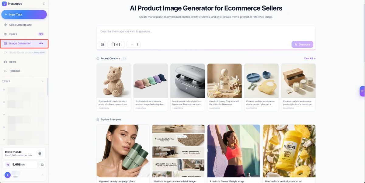Nexscope AI Product Image Generator - create lifestyle images, product photos, and infographics