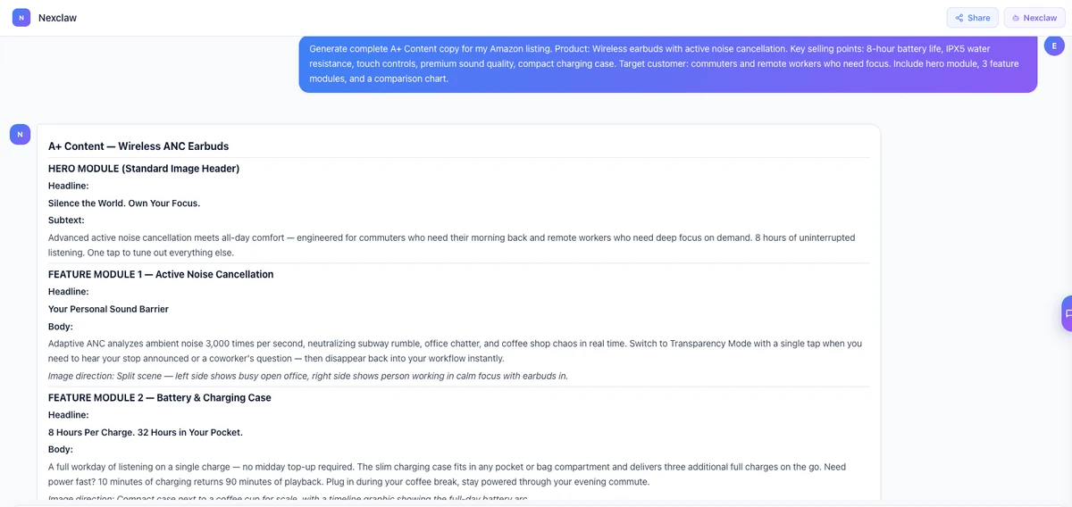 Nexscope AI generating complete A+ Content copy with hero module, feature modules, and comparison chart
