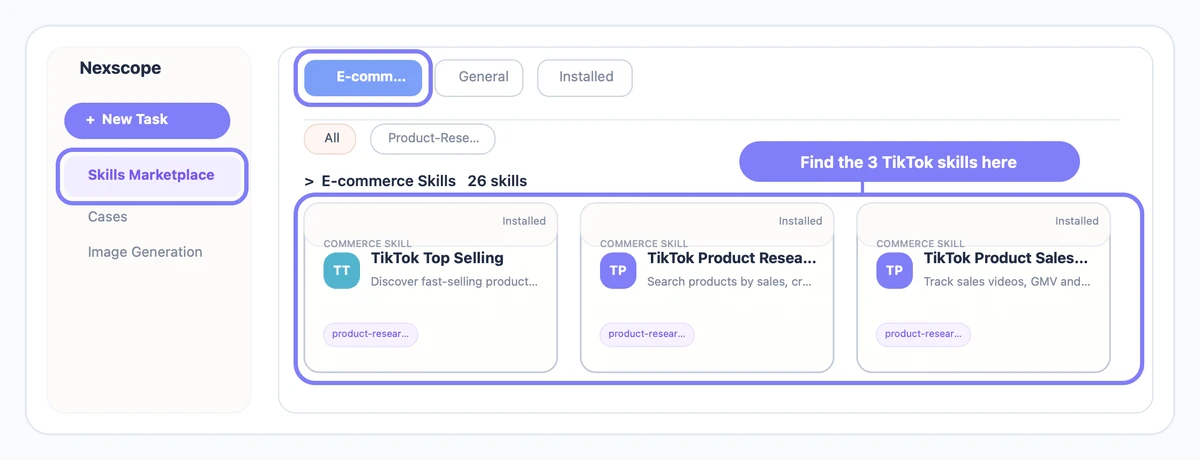 Nexscope Skills Marketplace showing where to find TikTok Top Selling, TikTok Product Research and TikTok Product Sales Tracker