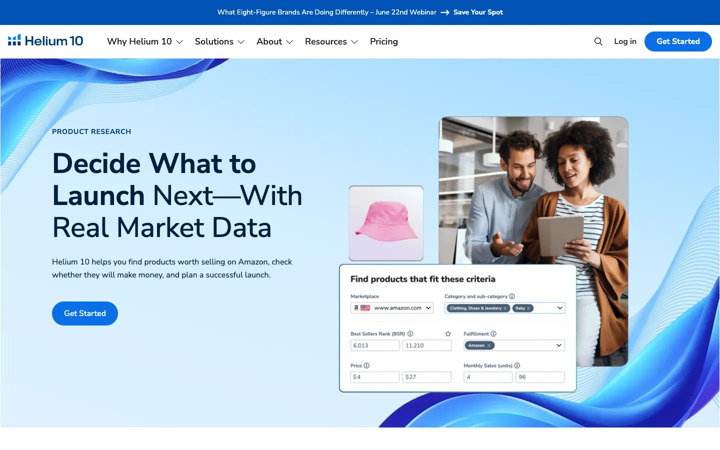 Helium 10 product research page screenshot showing market data and product filters