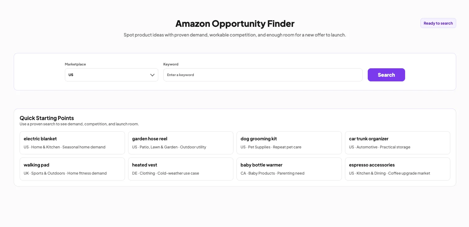 Amazon Opportunity Finder showing marketplace and keyword fields for ecommerce sellers